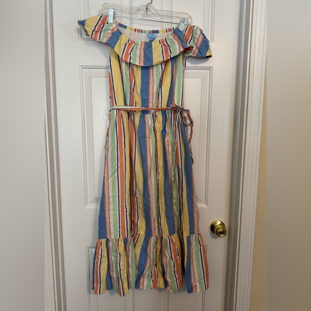 Draper James RSVP Off Shoulder Ruffle Sleeve Striped Midi Dress Cotton Women's L